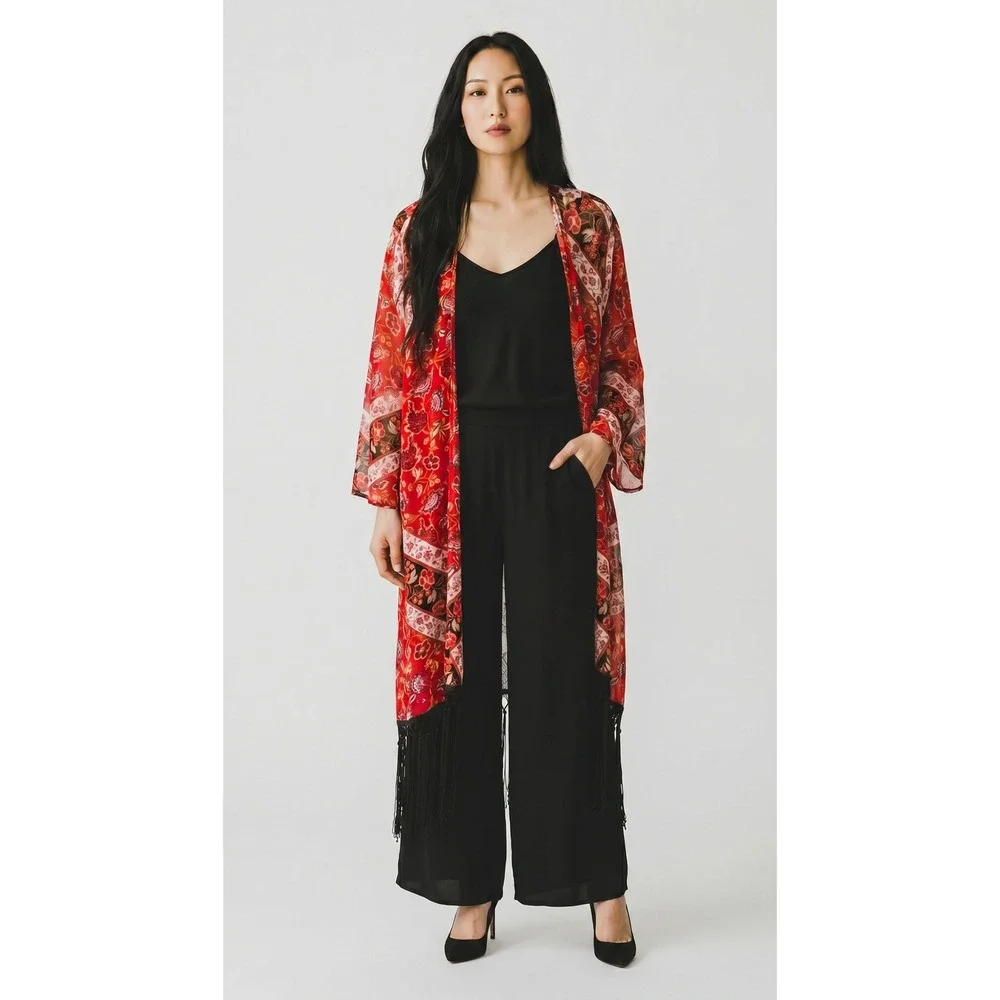 Xhilaration Red Paisley Fringe Kimono XXL Witchy Whimsigoth Festival Boho - Picture 2 of 8